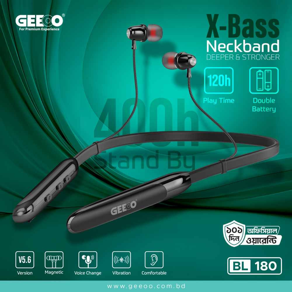 GEEOO BL180 X-Bass Clear Sound Neckband – 120H Playtime, Double Battery, Bluetooth V5.6