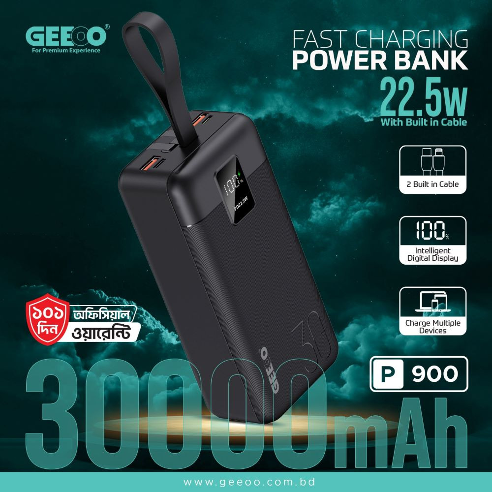 GEEOO P900 22.5W Fast Charging Power Bank 30000mAh | Built-in Type-C & Lightning | Digital Display