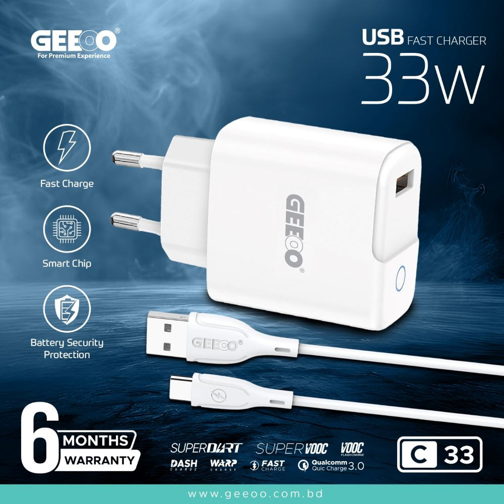 GEEOO C33 33W Fast Charging Charger Set with Cable | Smart Chip | Type-C / Micro