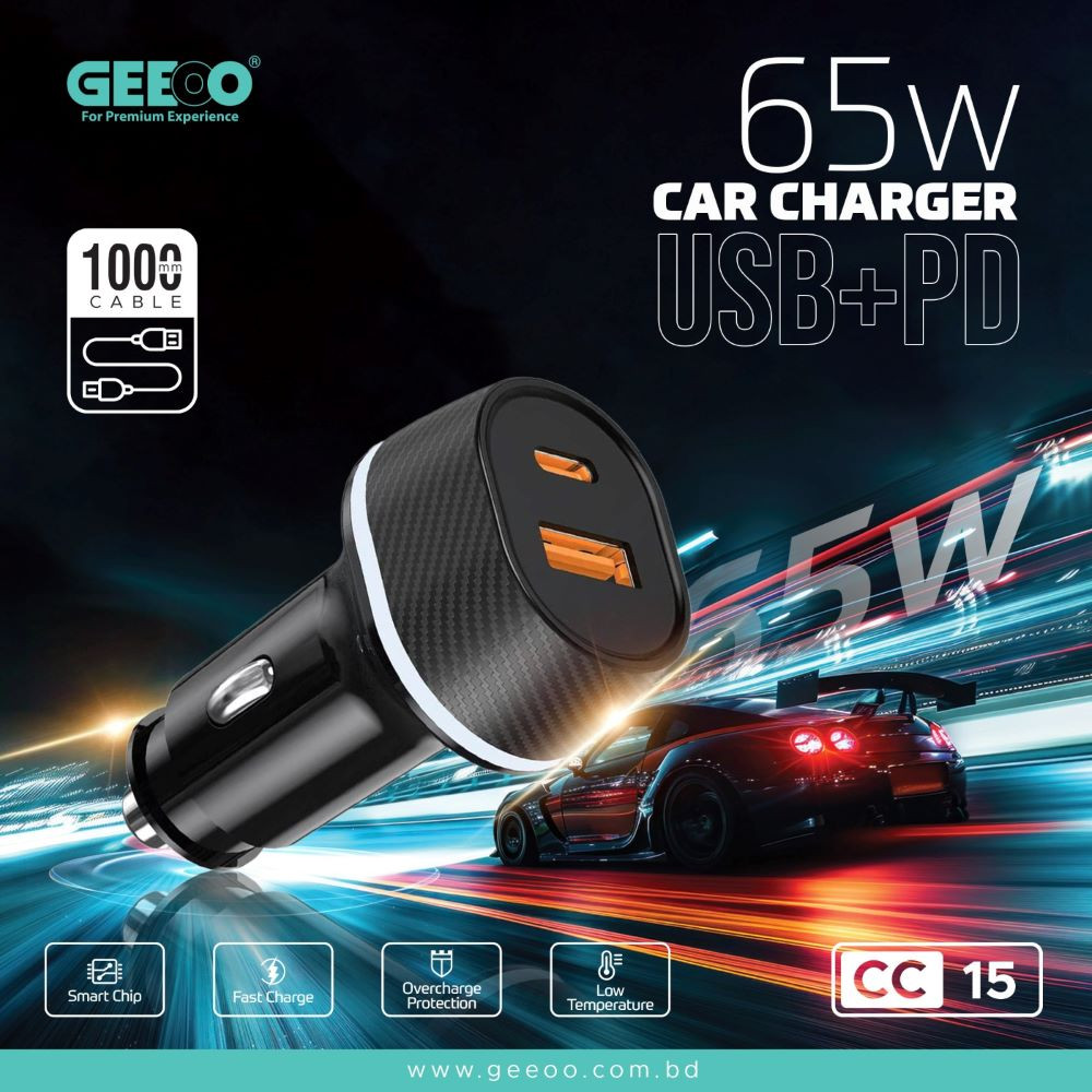 GEEOO CC15 65W Fast Car Charger – USB + PD Dual Output with Smart Protection